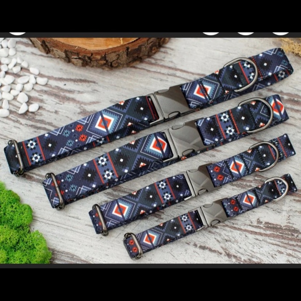 Large dog collar blue Aztec black metal class buckle
